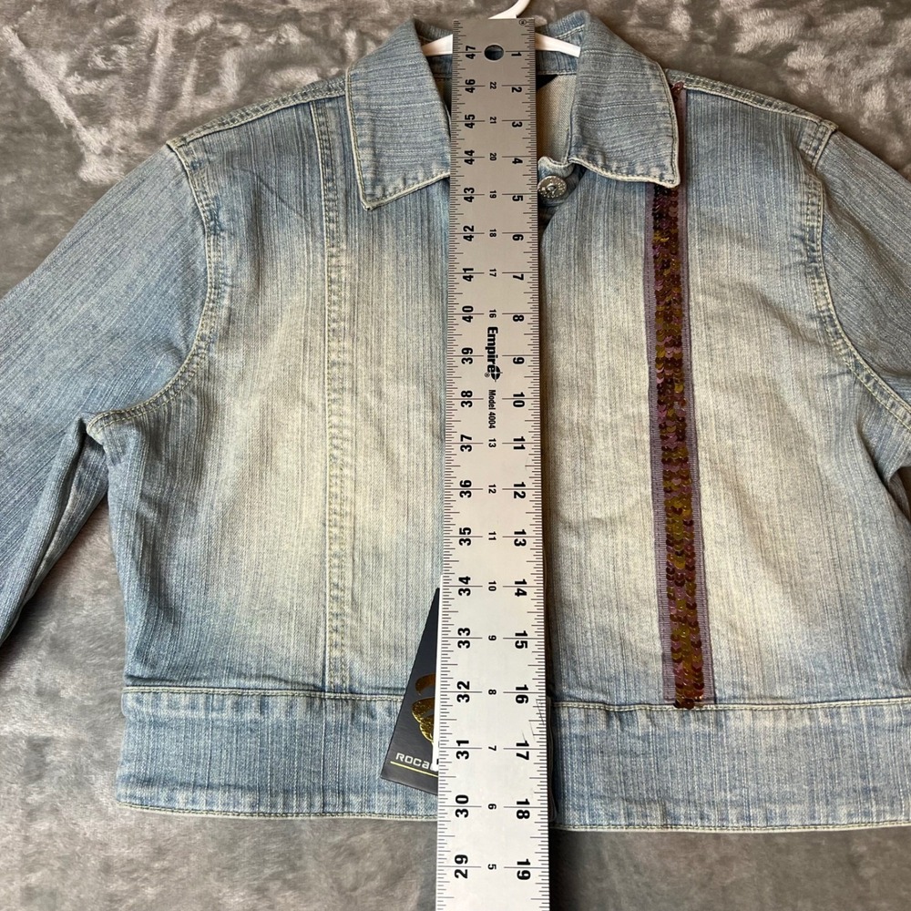 RocaWear Denim Jacket Kids Large 70s Wash Sequin Logo Cropped 3/4 Sleeve - Picture 4 of 7